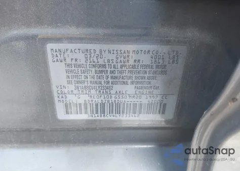 2020 Nissan Sentra Sv Xtronic Cvt z USA, uszkodzony, nr VIN 3N1AB8CV4LY233462